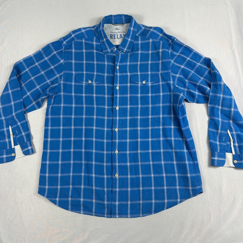 Tommy Bahama Button Up Shirt Blue Plaid Linen Long Sleeve Relax Fit Mens XL